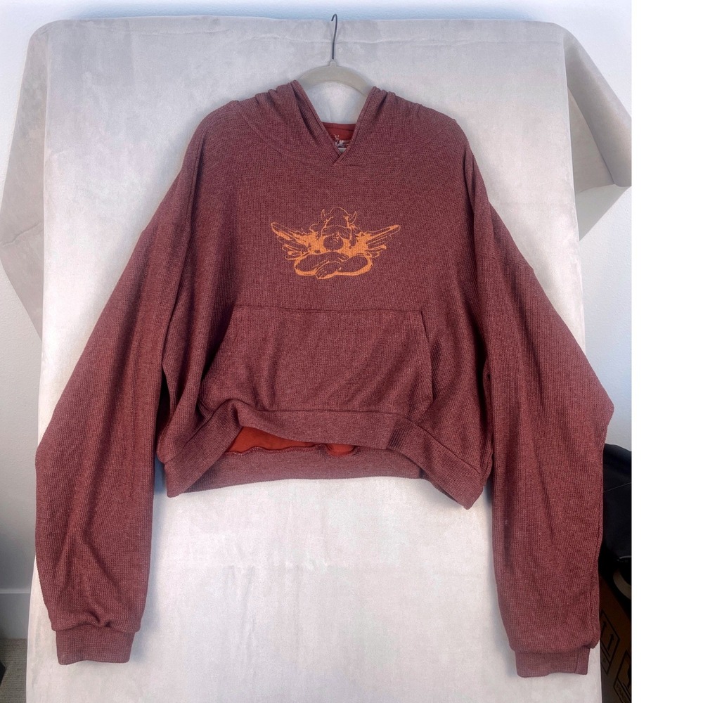 Boys Lie Waffle Knit Cropped Hoodie Brown Cherub Butterfly Wings One Size Y2K